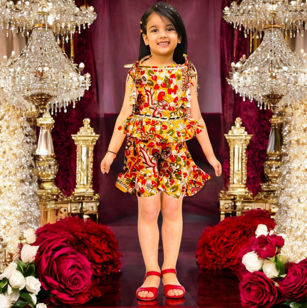 KALAMKARI Sleeveless Cotton Tops & Frilly SHORTS Sets Girls Kids Indian Ethnic Wear Cotton Suits