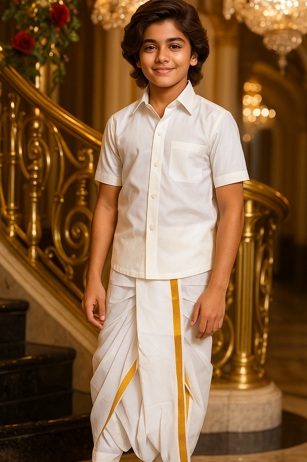 The Panchakacham Kids Dhoti Pants With Pattu and Gold Borders For Baby Boys and Kids Age 1 to 10 years