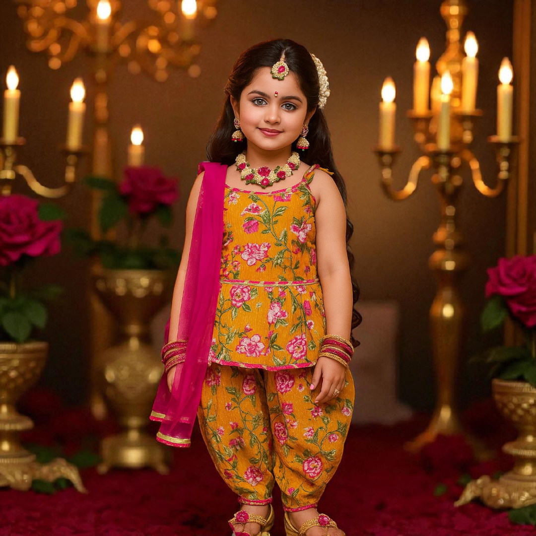 Kanmani Series Kids Punjabi Suit – Tuscan Mustard & Cerulean Blue Floral Kanta Cotton Kurti with Dhoti Pants, Oriental Floral Print, and Pink Lace Dupatta for Baby Girls and Kidsirls