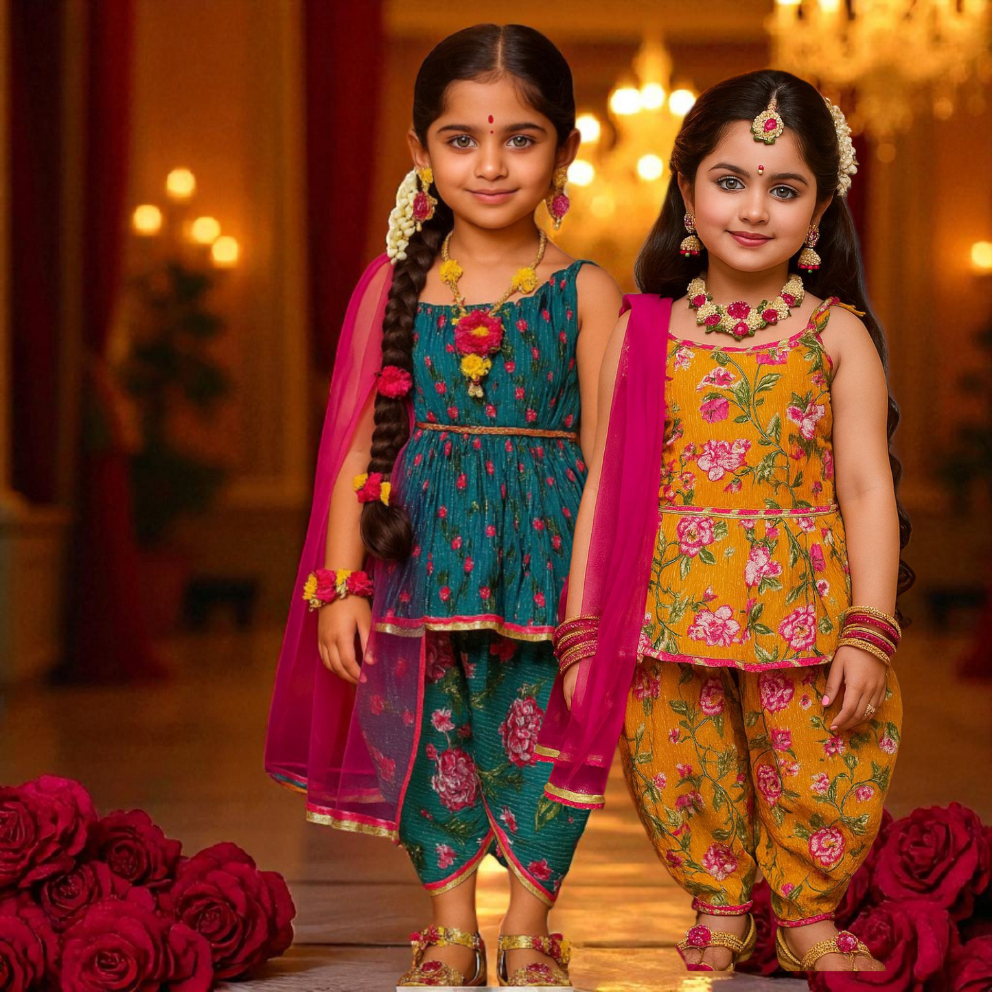 Kanmani Series Kids Punjabi Suit – Tuscan Mustard & Cerulean Blue Floral Kanta Cotton Kurti with Dhoti Pants, Oriental Floral Print, and Pink Lace Dupatta for Baby Girls and Kidsirls