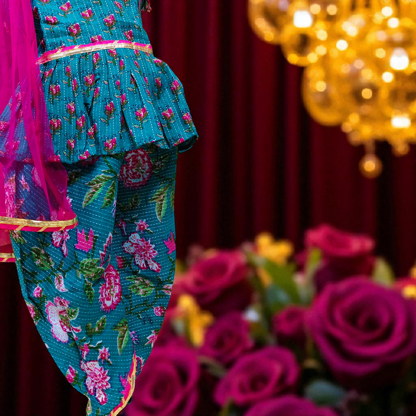 Kanmani Series Kids Punjabi Suit – Tuscan Mustard & Cerulean Blue Floral Kanta Cotton Kurti with Dhoti Pants, Oriental Floral Print, and Pink Lace Dupatta for Baby Girls and Kidsirls