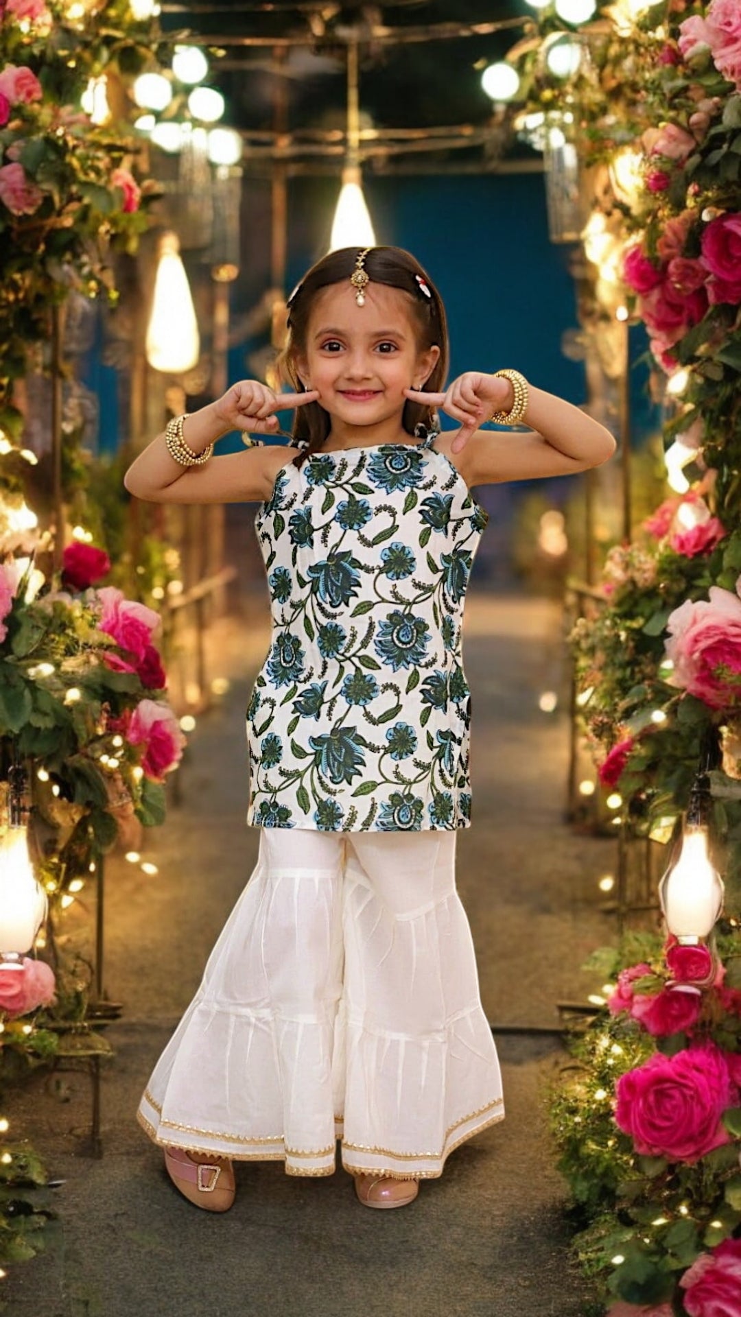 HEAT FRIENDLY Kids Sharara Sleeveless Punjabi Suit Floral Rajasthani Motives Soft Cotton for Baby Girls and Kids