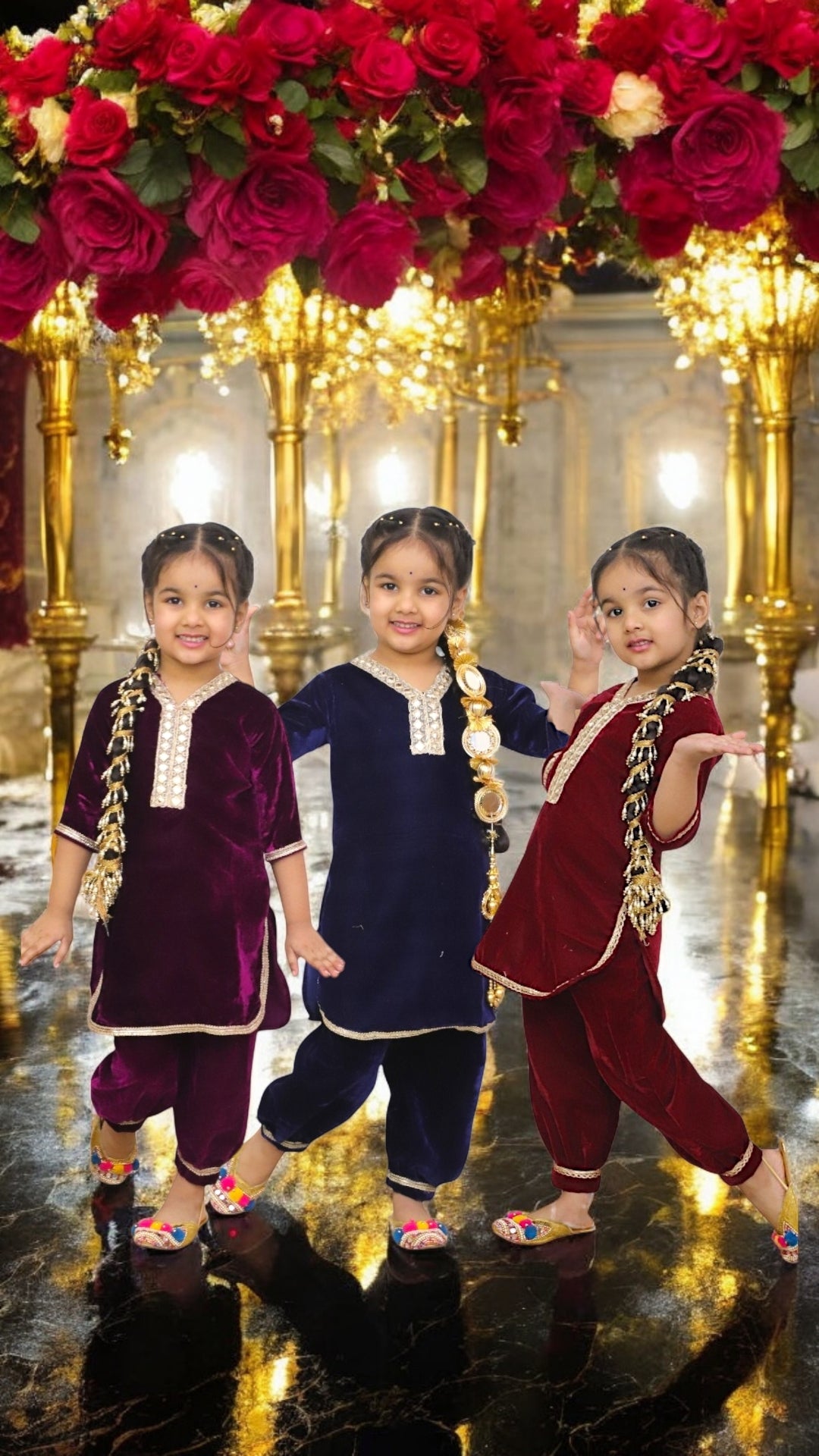 MUGHAL LOVE Cashmere Velvet Kids Punjabi Suit with Afgan Pants in Blue, Maroon & Dark Purple with golden lace mirrors)