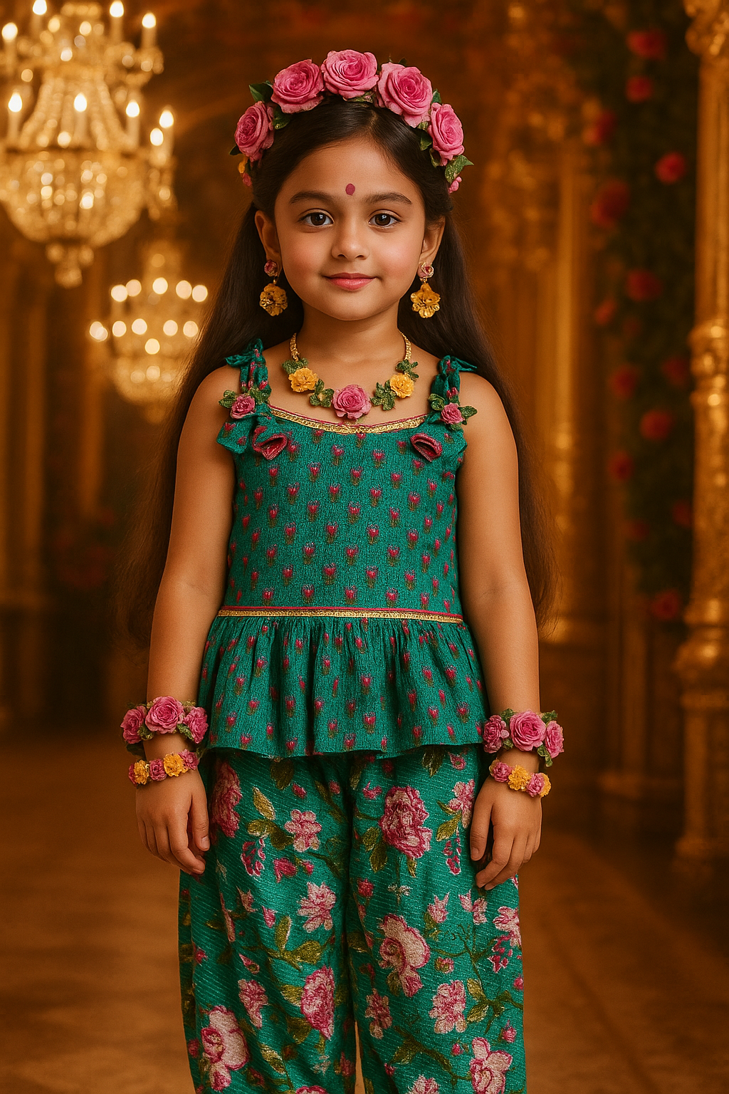 Kanmani Series Kids Punjabi Suit – Tuscan Mustard & Cerulean Blue Floral Kanta Cotton Kurti with Dhoti Pants, Oriental Floral Print, and Pink Lace Dupatta for Baby Girls and Kidsirls