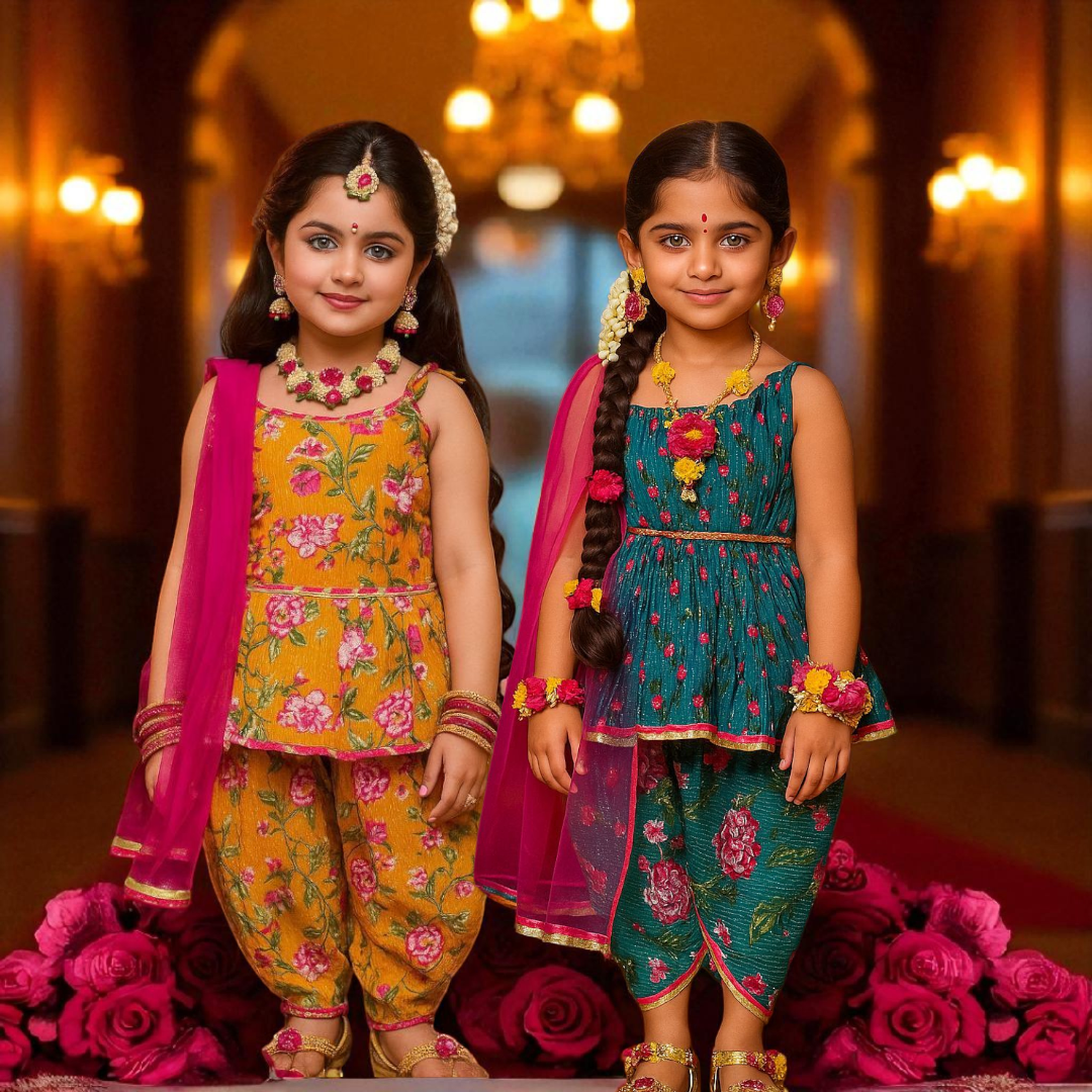 Kanmani Series Kids Punjabi Suit – Tuscan Mustard & Cerulean Blue Floral Kanta Cotton Kurti with Dhoti Pants, Oriental Floral Print, and Pink Lace Dupatta for Baby Girls and Kidsirls
