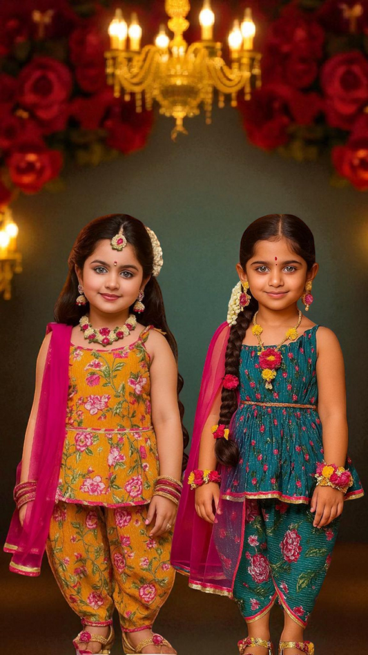 Kanmani Series Kids Punjabi Suit – Tuscan Mustard & Cerulean Blue Floral Kanta Cotton Kurti with Dhoti Pants, Oriental Floral Print, and Pink Lace Dupatta for Baby Girls and Kidsirls