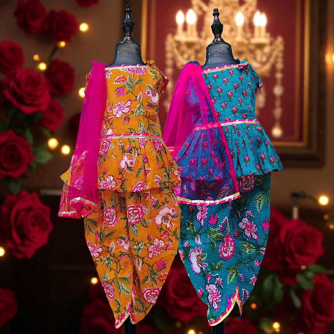 Kanmani Series Kids Punjabi Suit – Tuscan Mustard & Cerulean Blue Floral Kanta Cotton Kurti with Dhoti Pants, Oriental Floral Print, and Pink Lace Dupatta for Baby Girls and Kidsirls