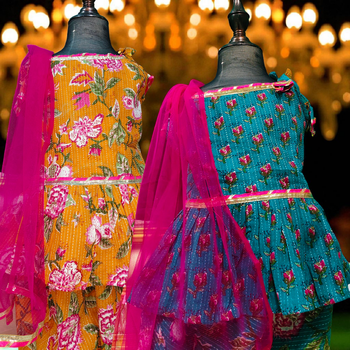 Kanmani Series Kids Punjabi Suit – Tuscan Mustard & Cerulean Blue Floral Kanta Cotton Kurti with Dhoti Pants, Oriental Floral Print, and Pink Lace Dupatta for Baby Girls and Kidsirls