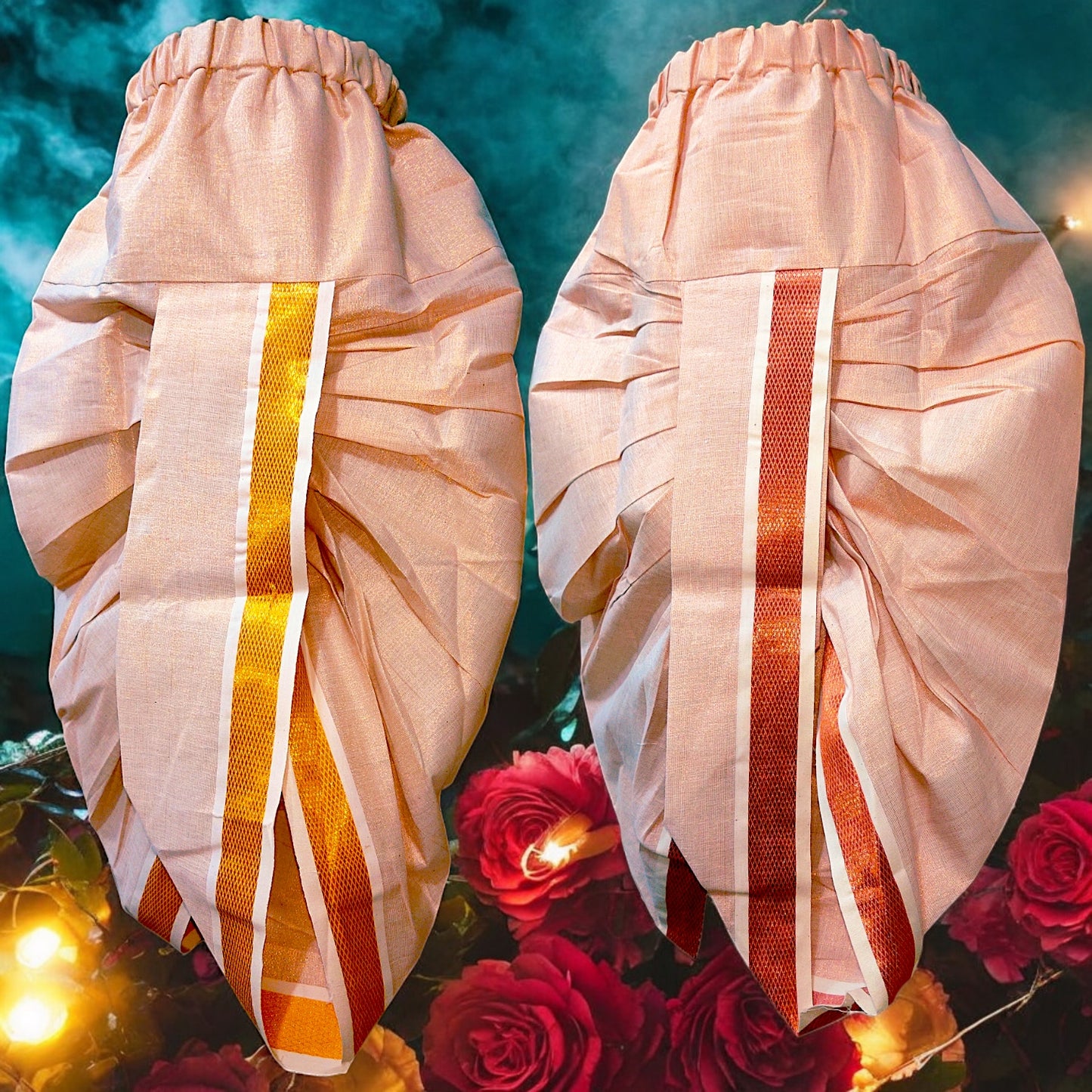 Panchakacham Kids Dhoti Pants Copper Rose Gold Tissue Zari Cotton With Pattu Borders For Baby Boys Kids 1- 10 years old