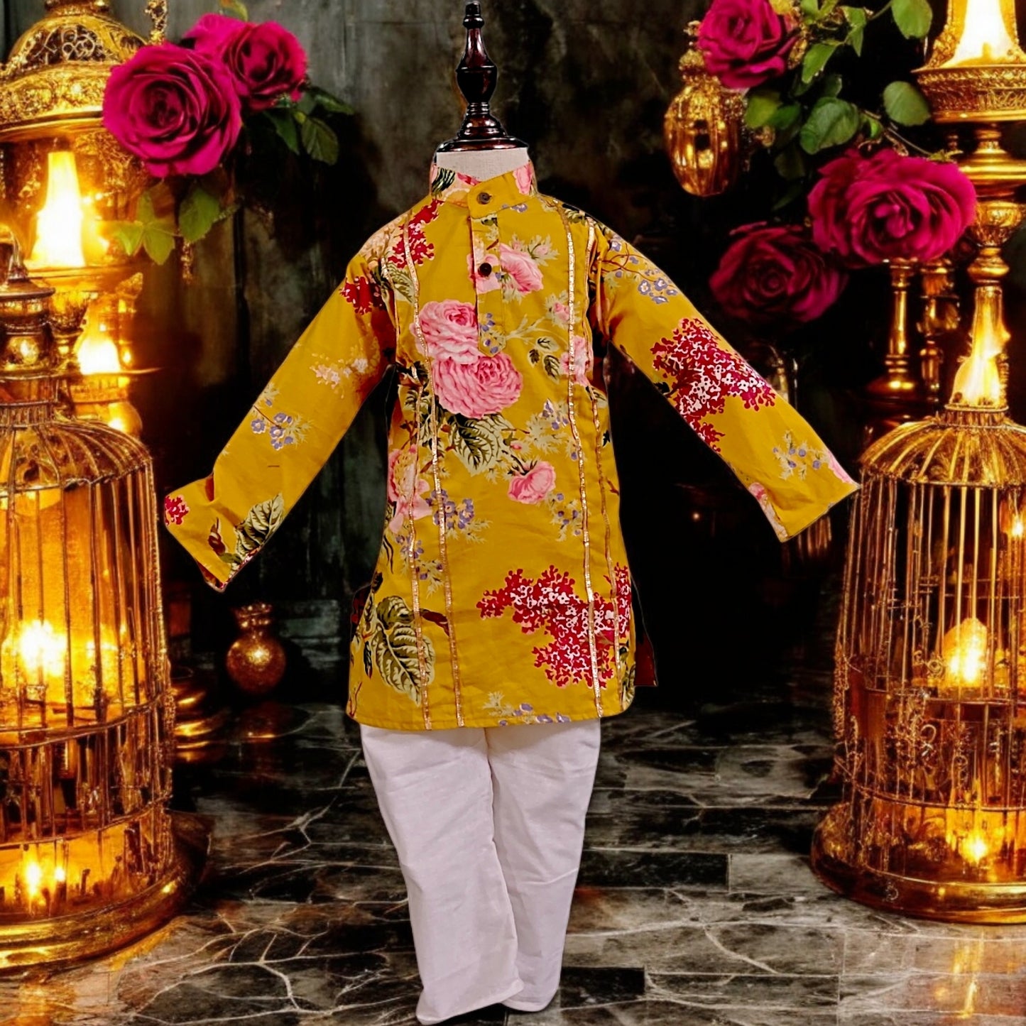 Vintage Rose Kids Kurta Digital Print Rajasthani Style With Cotton Pants for Baby Boys and Kids Jippa Concept Ethnic Wear