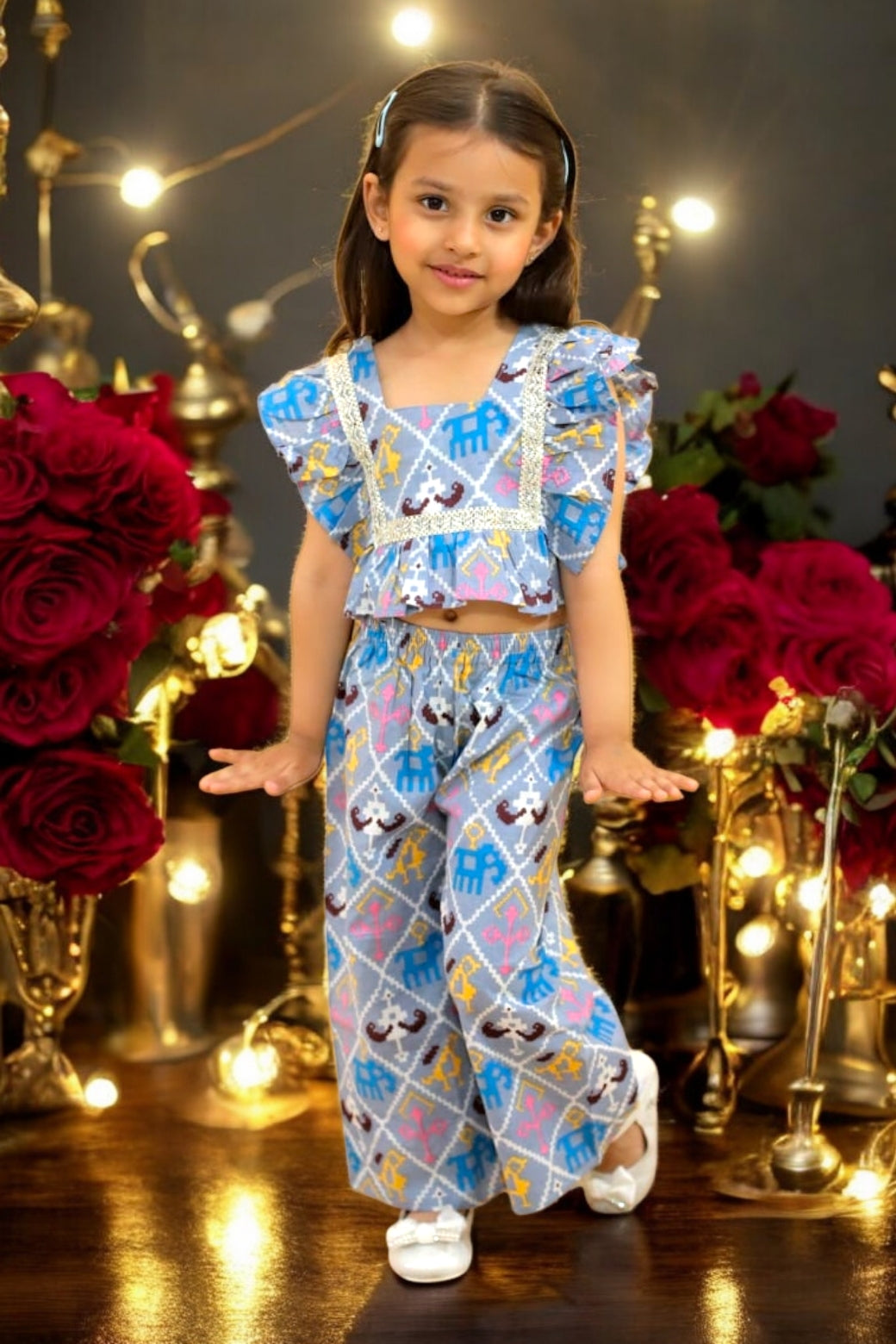 Ruffled Lace Crop Top & Vibrant Printed Pants Jaipur Style Baby Girls and Kids Indian Ethnic Wear