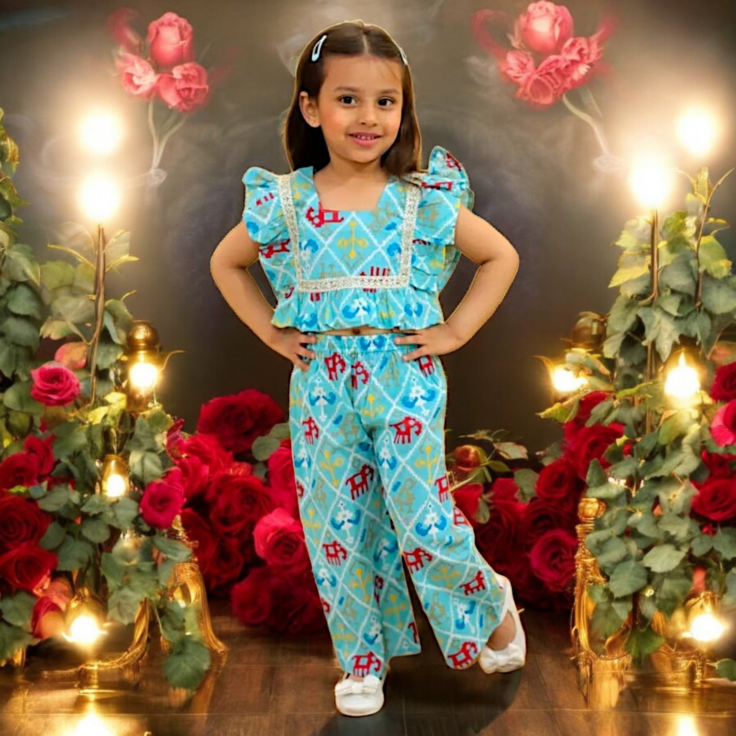 Ruffled Lace Crop Top & Vibrant Printed Pants Jaipur Style Baby Girls and Kids Indian Ethnic Wear