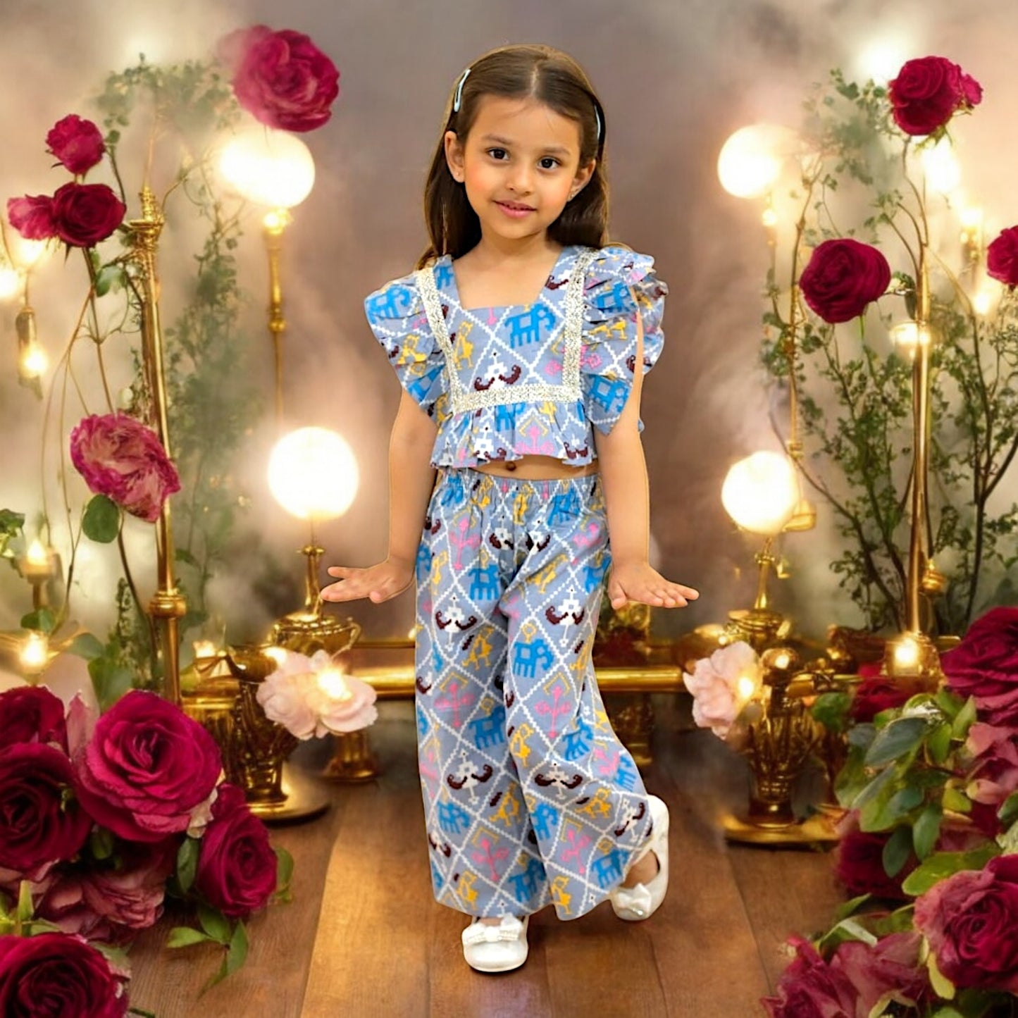 Ruffled Lace Crop Top & Vibrant Printed Pants Jaipur Style Baby Girls and Kids Indian Ethnic Wear