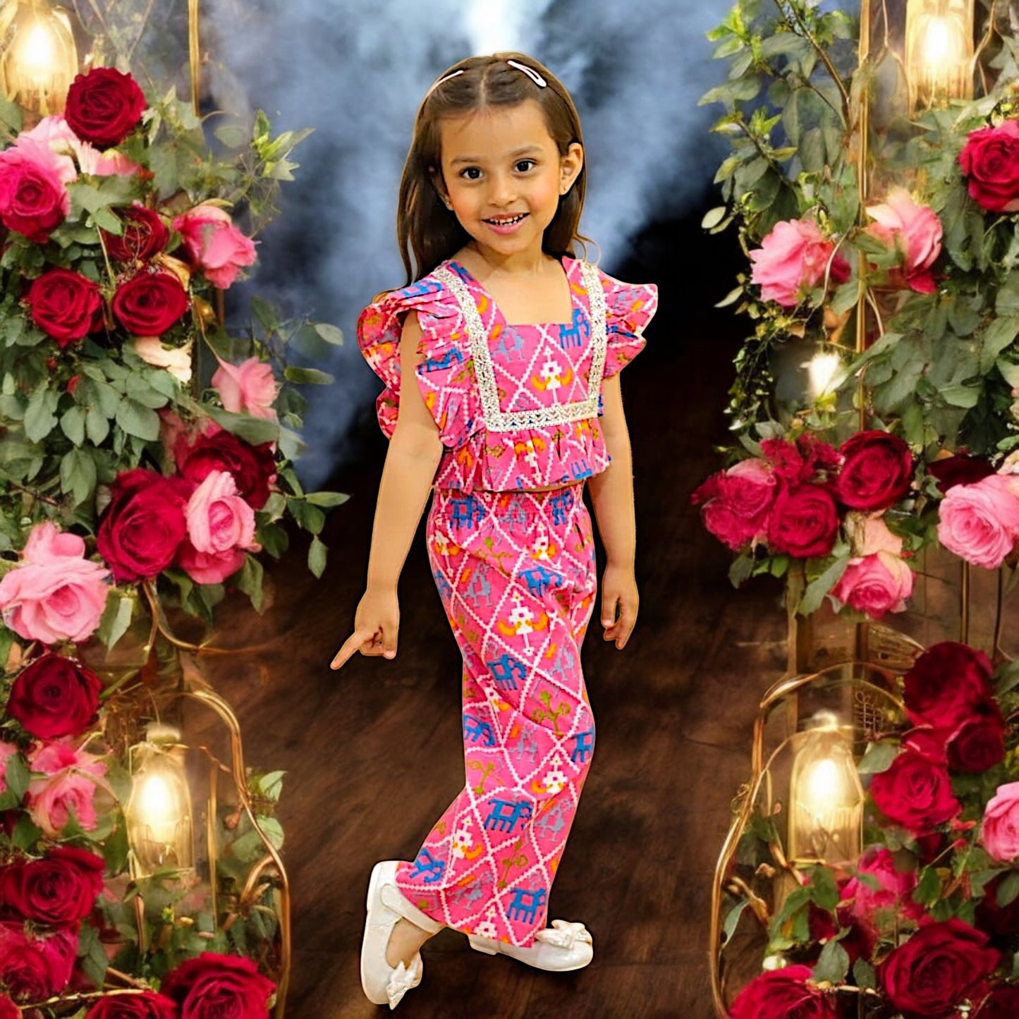 Ruffled Lace Crop Top & Vibrant Printed Pants Jaipur Style Baby Girls and Kids Indian Ethnic Wear