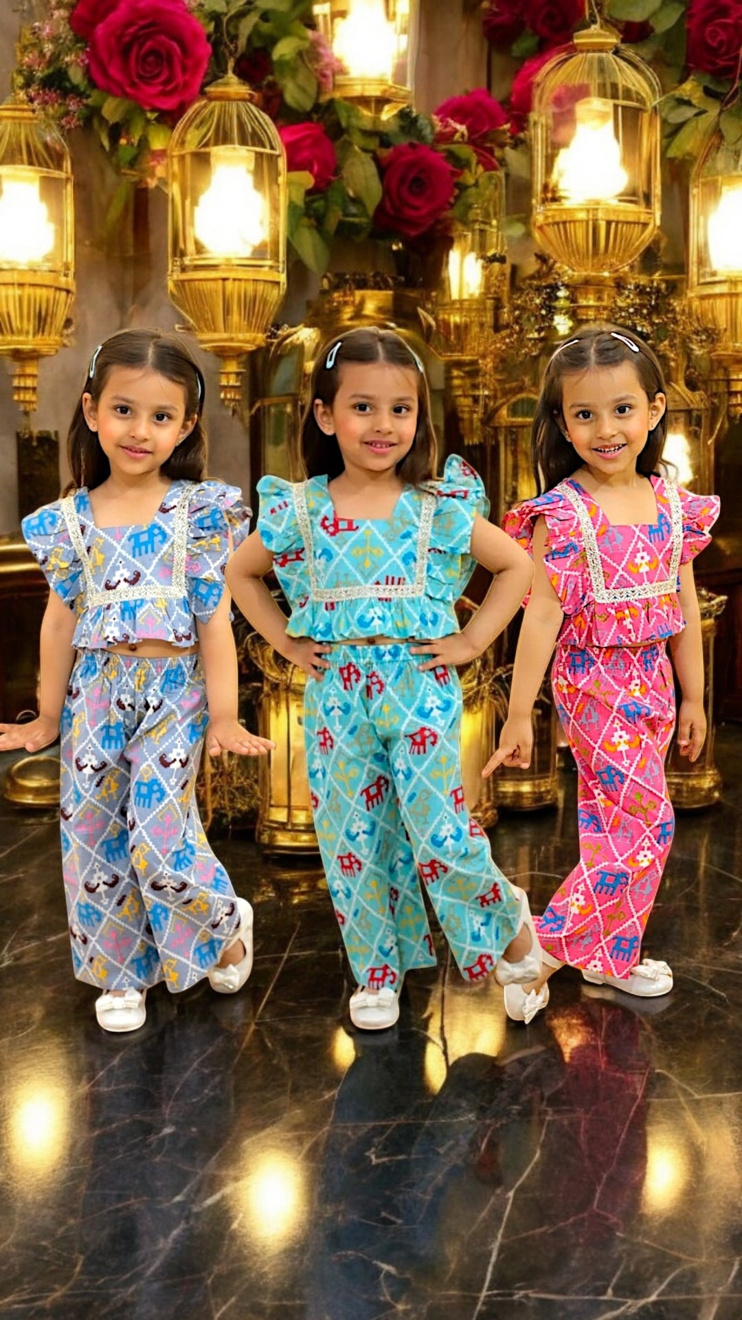 Ruffled Lace Crop Top & Vibrant Printed Pants Jaipur Style Baby Girls and Kids Indian Ethnic Wear