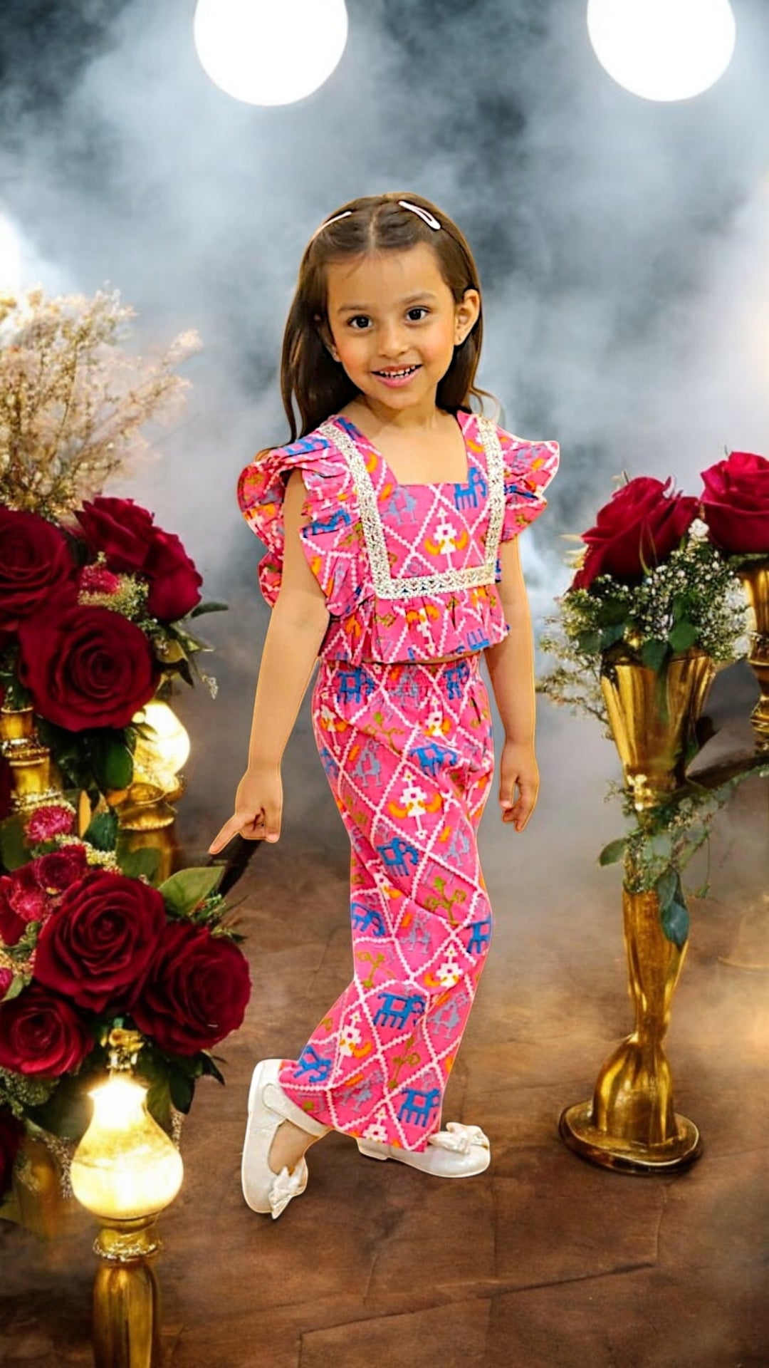 Ruffled Lace Crop Top & Vibrant Printed Pants Jaipur Style Baby Girls and Kids Indian Ethnic Wear