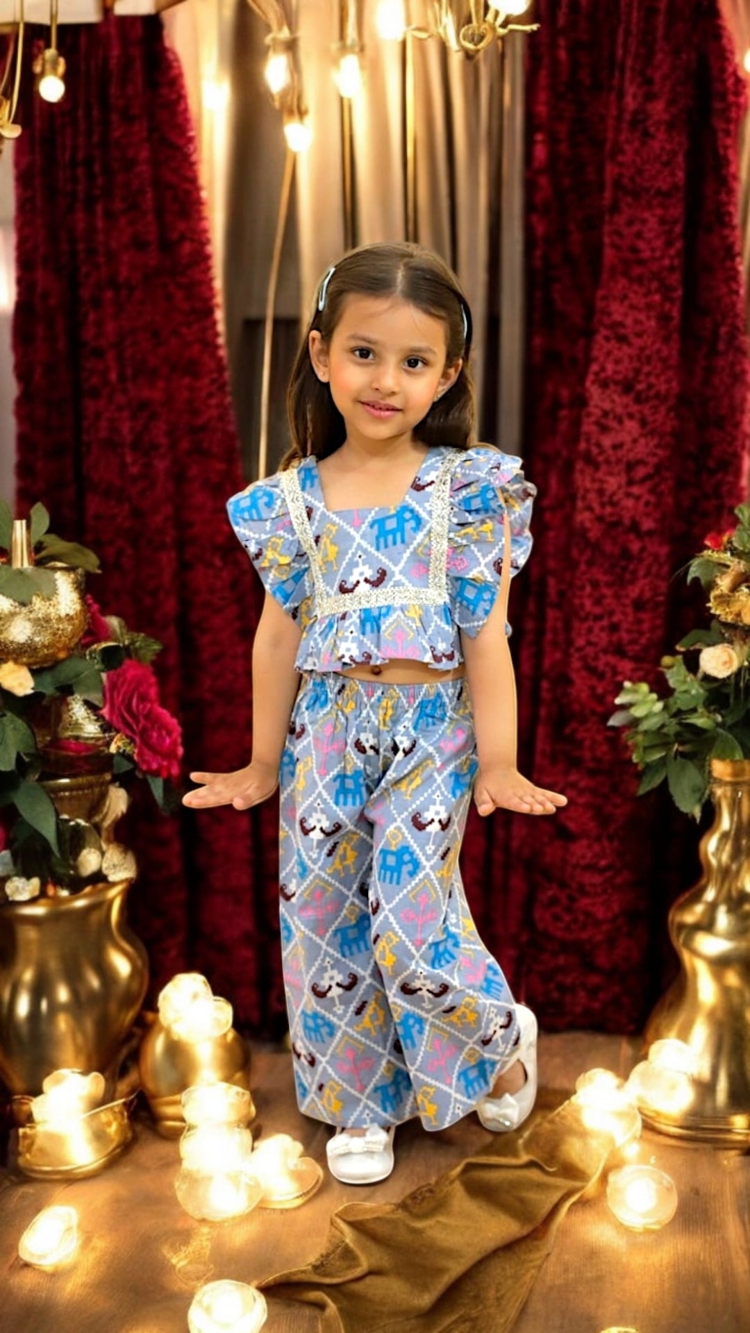 Ruffled Lace Crop Top & Vibrant Printed Pants Jaipur Style Baby Girls and Kids Indian Ethnic Wear