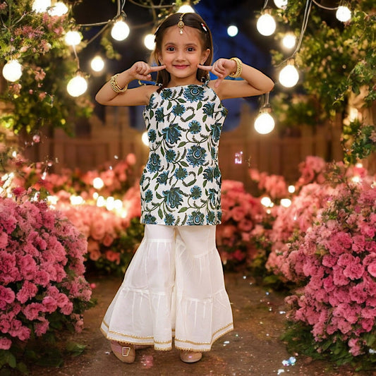 HEAT FRIENDLY Kids Sharara Sleeveless Punjabi Suit Floral Rajasthani Motives Soft Cotton for Baby Girls and Kids