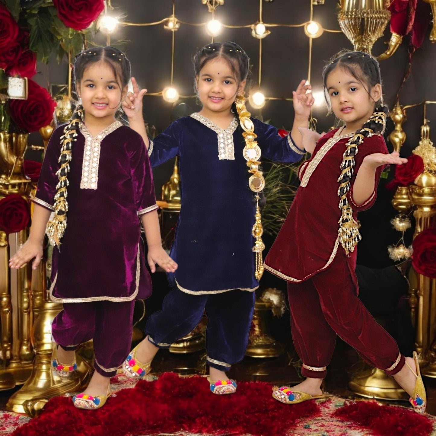 MUGHAL LOVE Cashmere Velvet Kids Punjabi Suit with Afgan Pants  in Blue, Maroon & Dark Purple with golden lace mirrors)