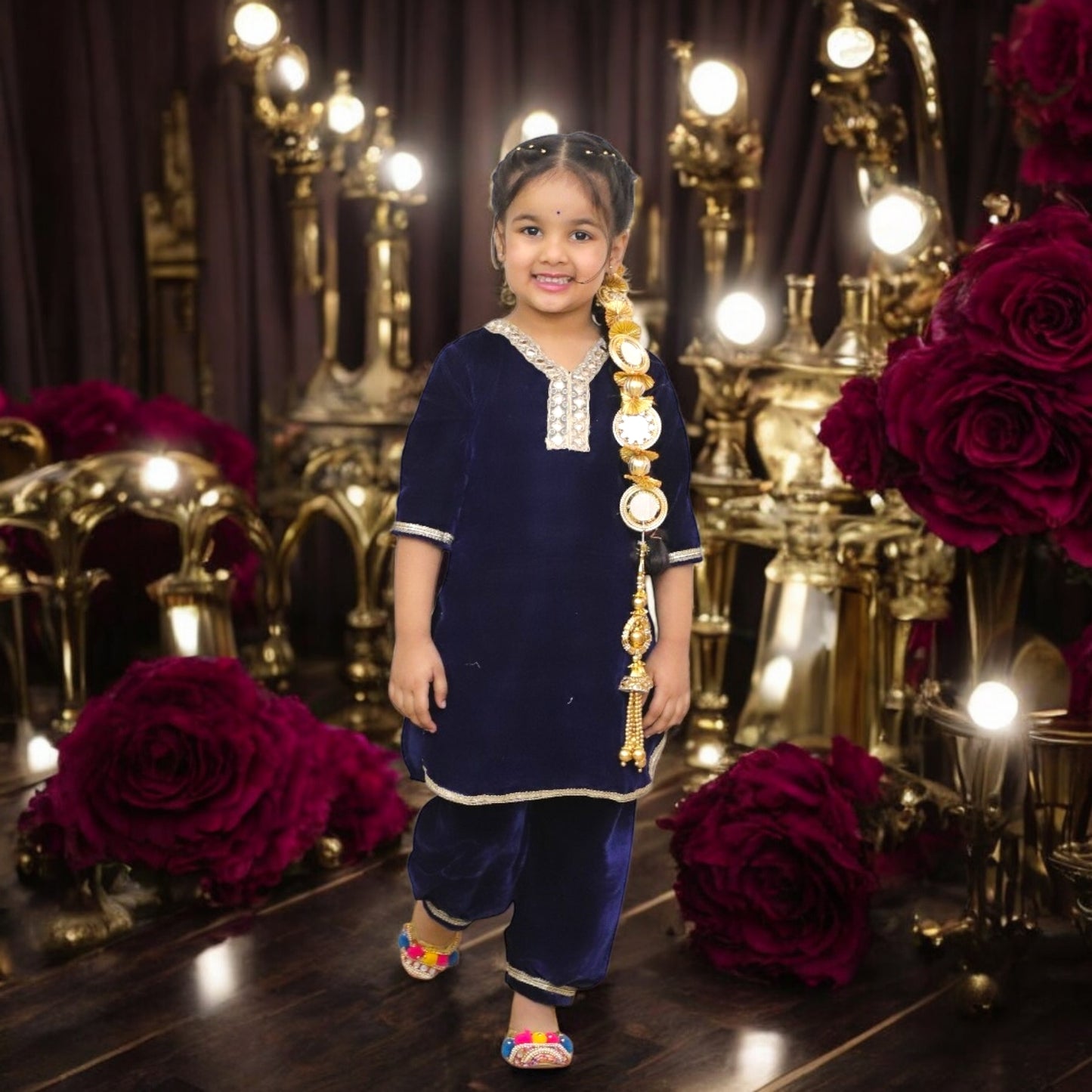 MUGHAL LOVE Cashmere Velvet Kids Punjabi Suit with Afgan Pants  in Blue, Maroon & Dark Purple with golden lace mirrors)