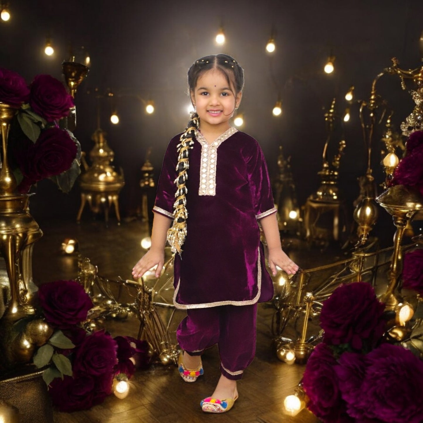 MUGHAL LOVE Cashmere Velvet Kids Punjabi Suit with Afgan Pants  in Blue, Maroon & Dark Purple with golden lace mirrors)