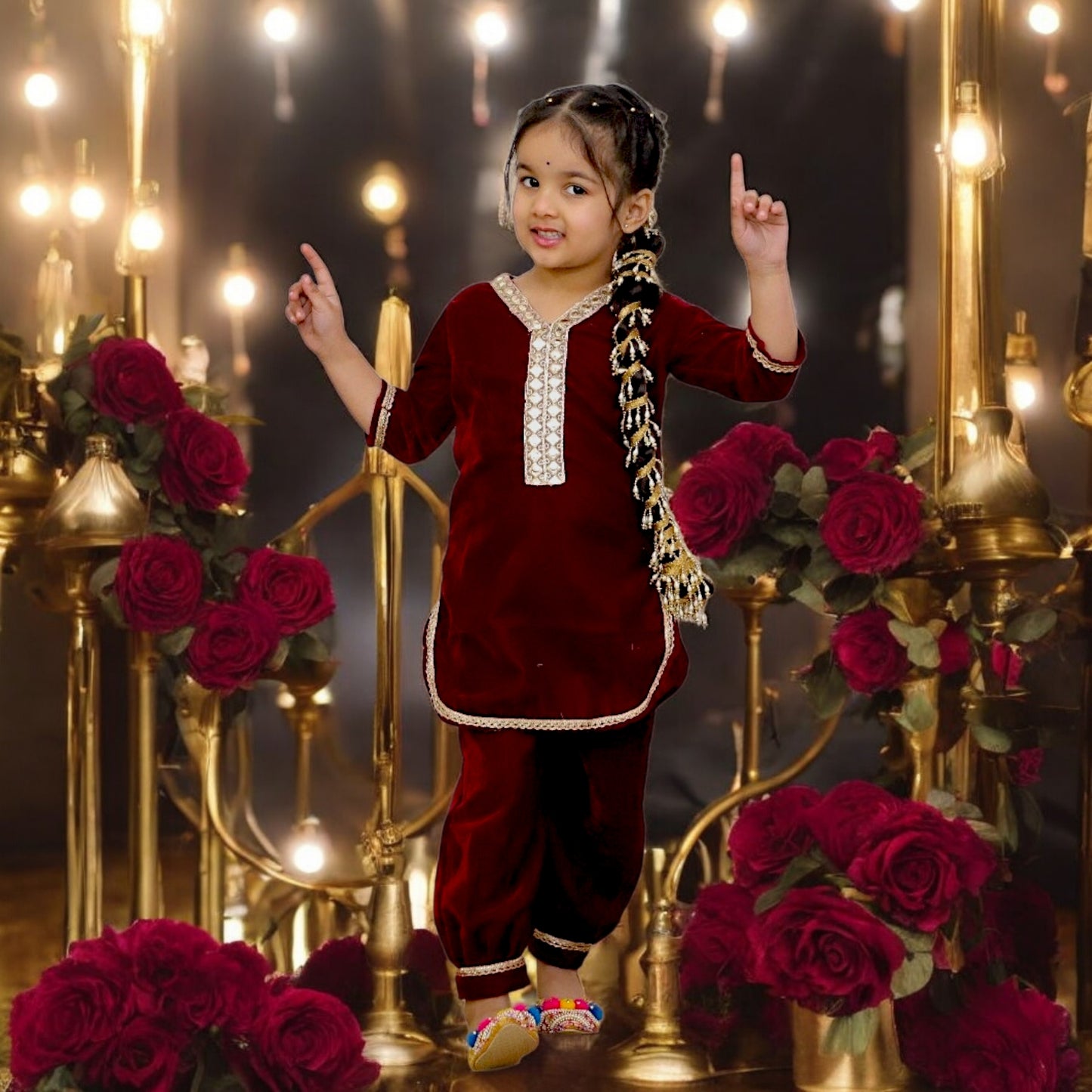 MUGHAL LOVE Cashmere Velvet Kids Punjabi Suit with Afgan Pants  in Blue, Maroon & Dark Purple with golden lace mirrors)