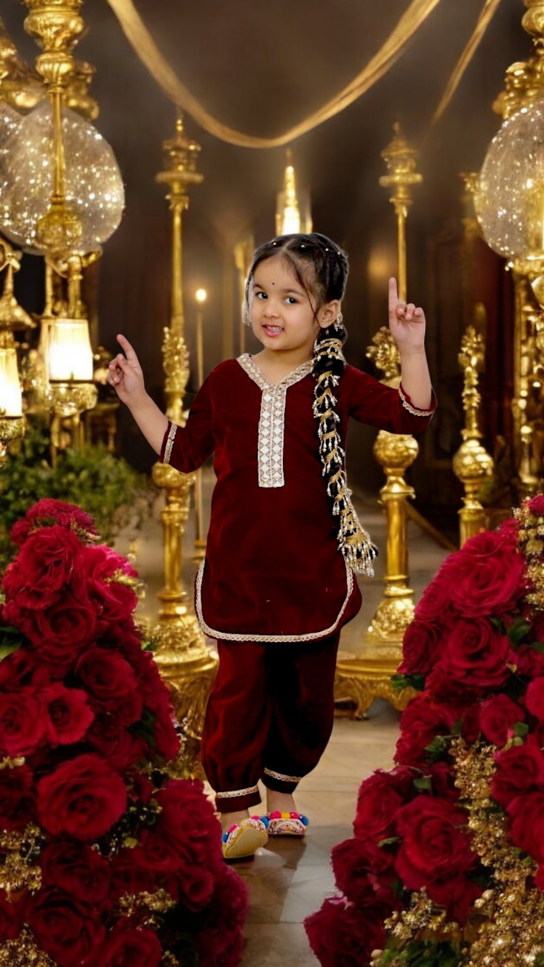 MUGHAL LOVE Cashmere Velvet Kids Punjabi Suit with Afgan Pants  in Blue, Maroon & Dark Purple with golden lace mirrors)