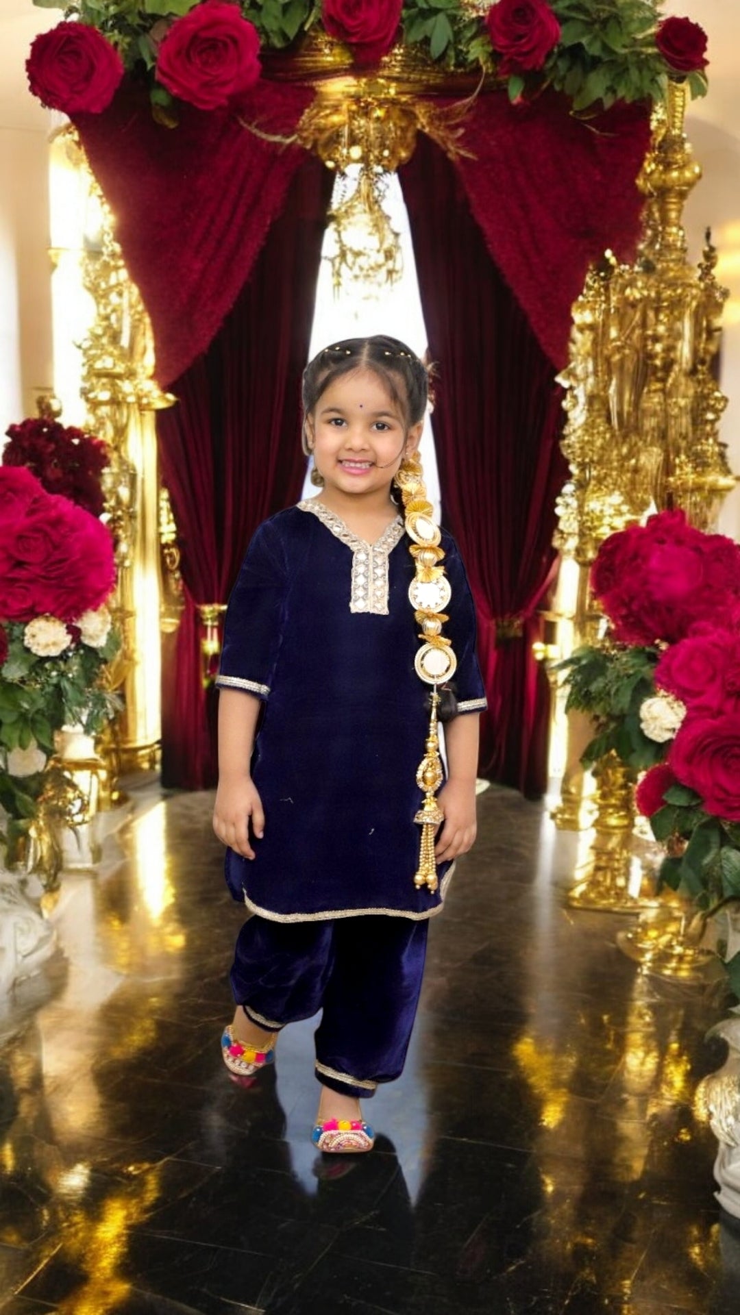 MUGHAL LOVE Cashmere Velvet Kids Punjabi Suit with Afgan Pants  in Blue, Maroon & Dark Purple with golden lace mirrors)