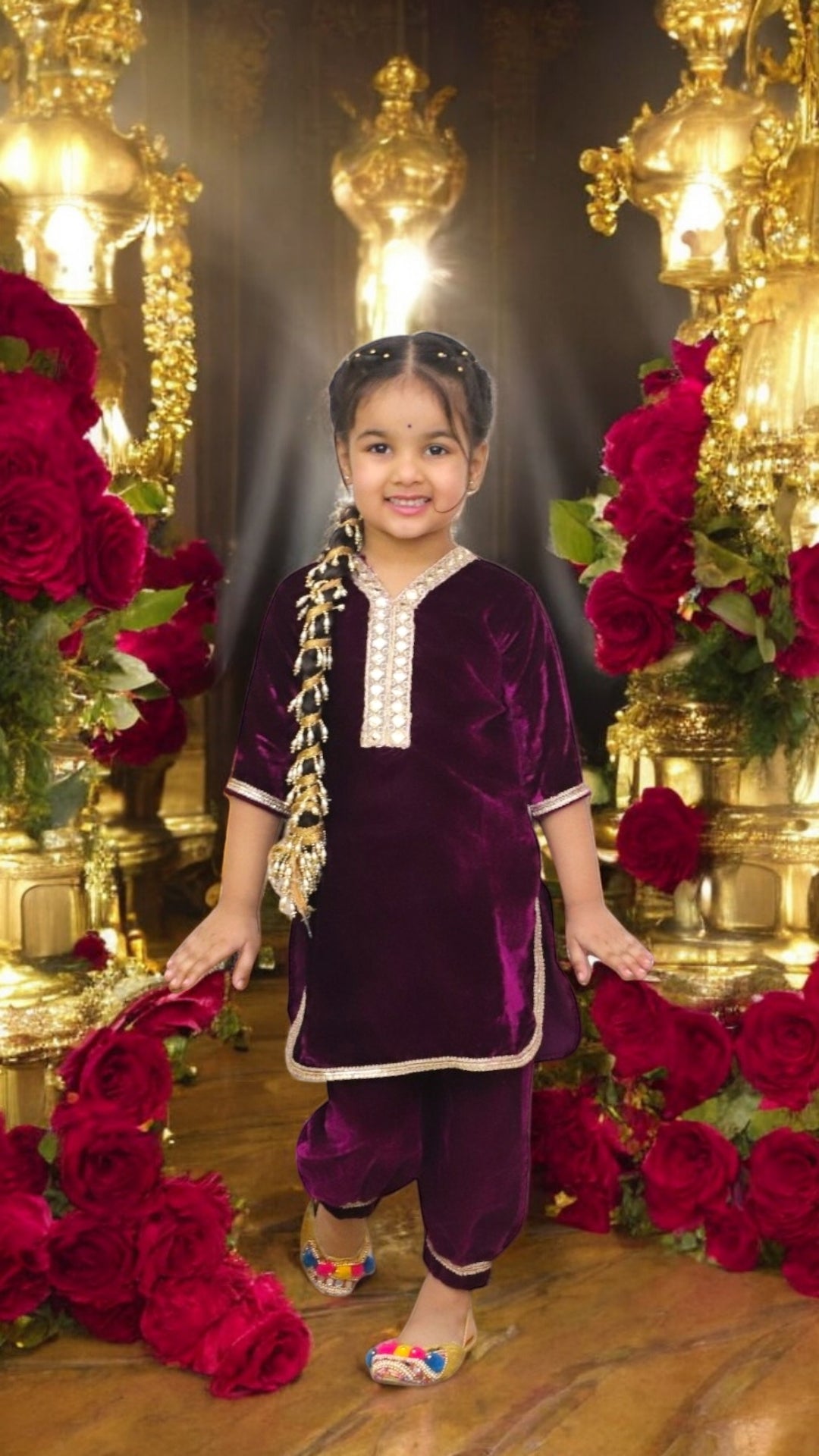 MUGHAL LOVE Cashmere Velvet Kids Punjabi Suit with Afgan Pants  in Blue, Maroon & Dark Purple with golden lace mirrors)